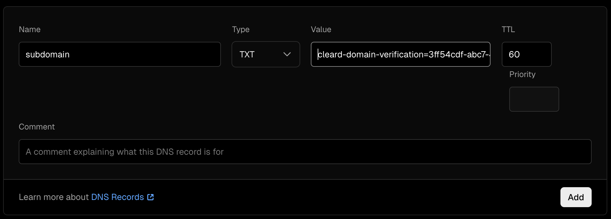 TXT Subdomain record in Vercel DNS Settings