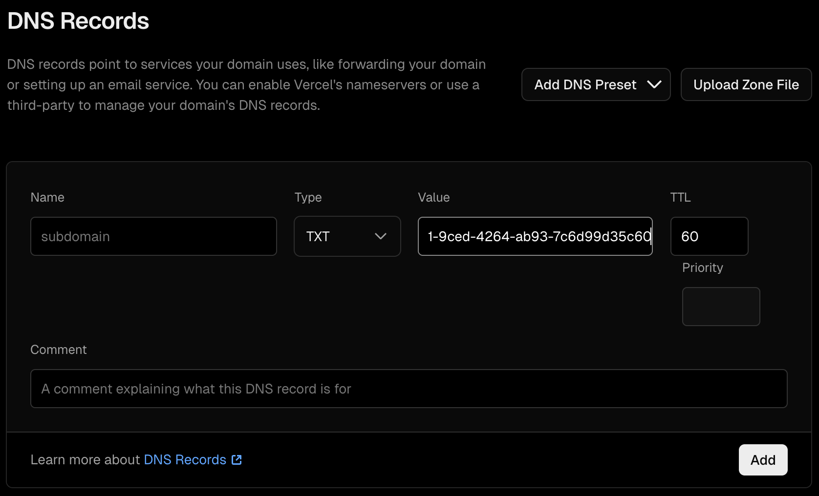 TXT record in Vercel DNS settings